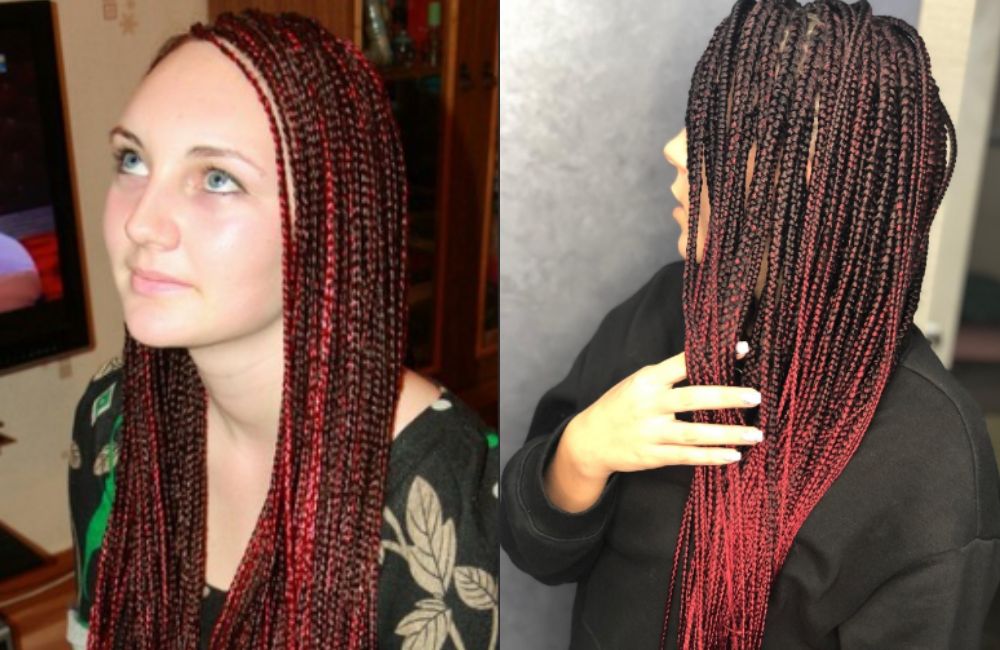 Burgundy and Black Knotless Box Braids with Defined Edges